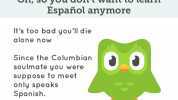 Duolingo Owl Oh so you dont want to learn Español anymore Its too bad youll die alone now O.0 Since the Columbian soulmate you were suppose to meet only speaks Spanish. Muy triste (As if you know what that means)