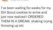 ely kreimendahl @ElyKreimendahl Ive been waiting for weeks for my Girl Scout cookies to arrive and just now realizedI ORDERED THEM IN A DREAM. shaking crying throwing up etc