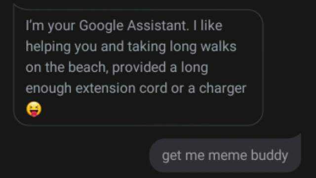 Im your Google Assistant. I like helping you and taking long walks on the beach provided a long enough extension cord or a charger get me meme buddy NEME BIODY Meme Buddy Here we go! Make a meme What should we make a meme? modern 