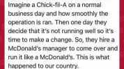 Imagine a Chick-fil-A on a normal business day and how smoothly the operation is ran. Then one day they decide that its not running well so its time to make a change. So they hire a McDonalds manager to come over and run it like a