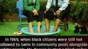 In 1969 when black citizens were still not allowed to swim in community pools alongside white people Mr. Rogers invited a black police officer on the show and asked him to join in ant cool his feet in a small plastic pool breaking