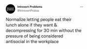 Introvert Problems introvert problems @IntrovertProbss Normalize letting people eat their lunch alone if they want & decompressing for 30 min without the pressure of being considered antisocial in the workplace