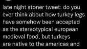 jes skolnik @modernistwitch late night stoner tweet do you ever think about how turkey legs have somehow been accepted as the stereotypical european medieval food but turkeys are native to the americas and didnt get to europe unti
