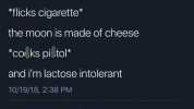 Kellen @captainkalvis *flicks cigarette* the moon is made of cheese *co ks pi tol* and im lactose intolerant 10/19/18 238 PM 614 Retweets 3473 Likes