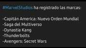#MarvelStudios ha registrado las marcas -Capitán America Nuevo Orden Mundial -Saga del Multiverso -Dynastia Kang -Thunderbolts -Avengers Secret Wars