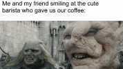 Me and my friend smiling at the cute barista who gave us our coffee
