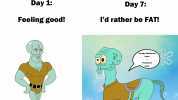 Me Having a healthy diet Day 1 Day 7 Feeling good! Pd rather be FAT! Creepy Squidward head Ponycycle body