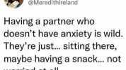 Meredith Ireland @Meredithlreland Having a partner who doesnt have anxiety is wild. Theyre just... itting there maybe having a snack... not worried at all