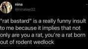 nina @ninalaw22 rat bastard is a really funny insult to me because it implies that not only are you a rat youre a rat born out of rodent wedlock