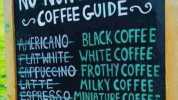 NO NONSENSE COFFEE GUIDE Phr ERICANO BLACK COFFEE FLATWHITE WHITE COFFEE eAPPUEGNO FROTHY COFFEE LATTE MILKY COFFEE ESPRESS 0.MINIATURE COFFE CHIATOMILK TOFPED COFFEE MOCHAF GA H0T-CHOEOLAE STILL NOT COFFEE CHOCCYCOFFEE -NOT COFFE