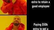 Paying $20k extra to retain a good employee Paying $50k extra to get a new employee