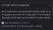 People also ask ls G FUEL OK for a 13 year old Body fuels arent recommended for those under 18 so Im going to say no for 13-16 year olds. 17 Id consider a gray area. My 18-year-old son dated a 13-year-old girl. https//www.quora.co