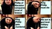Phillip of Macedon conquered most of Greece King Phillip must die King Phillip gets murdered His son is god level military genius
