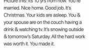 Picture this Its 10 yrs from now. Youre married. Nice home. Good job. Its Christmas. Your kids are asleep. You & your spouse are on the couch having a drink & watching tv. Its snowing outside & tomorrows Saturday. All the hard wor