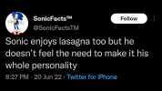 SonicFactsTM Follow @SonicFactsTM Sonic enjoys lasagna too but he doesnt feel the need to make it his whole personality 827 PM 20 Jun 22.Twitter for iPhone