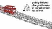 The two party system  pulling the lever changes the color of the trolley from red to blue