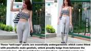 These anti-rape pants are essentially undergarments which come fitted with prosthetic male genitals which proudly bulge from between the womans legs. Its hoped that by wearing them potential rapists are fooled into thinking the we