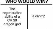 WHO WOULD WIN The regenerative ability of a CR 30 dragon god a cantrip