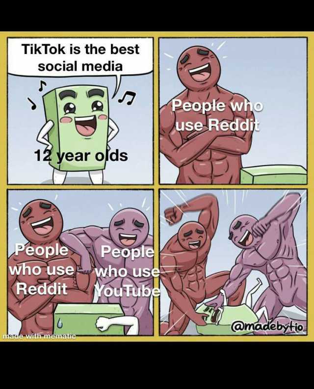TikTok is the best social media People who use Reddit 12 vear olds People People who usewho use Reddit VouTube @madebytio e with-mématio