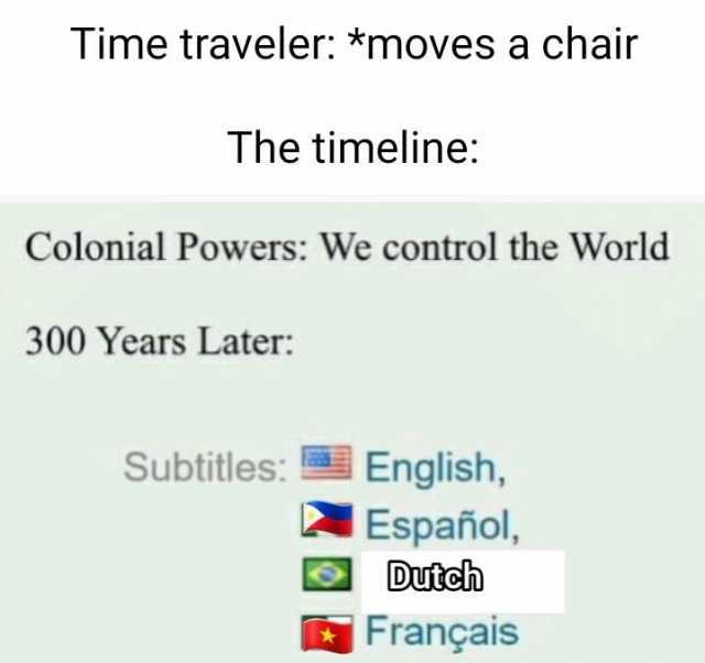 Time traveler *moves a chair The timeline Colonial Powers We control the World 300 Years Later SubtitlesEnglish Español Dutah Français