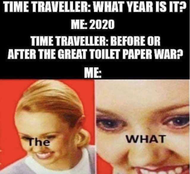 TIME TRAVELLER WHAT YEAR IS IT? ME 2020 TIME TRAVELLER BEFORE OR AFTER THE GREAT TOILET PAPER WAR? ME The WHAT 