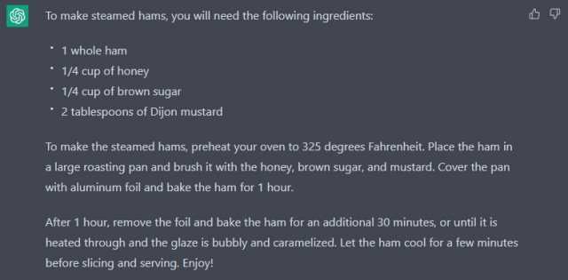 To make steamed hams you will need the following ingredients 1 whole ham *1/4 cup of honey *1/4 cup of brown Sugar *2 tablespoons of Dijon mustard To make the steamed hams preheat your oven to 325 degrees Fahrenheit. Place the ham