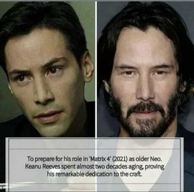 To prepare for his role in Matrbx 4 (2021) as older Neo. Keanu Reeves spent almost two decades aging proving his remarkable dedication to the craft