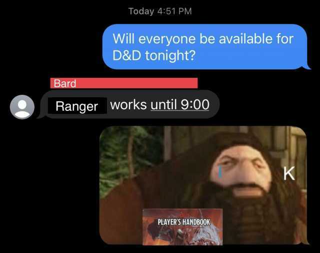 Today 451 PM Will everyone be available for D&D tonight Bard Ranger works until 900 K PLAYERS HANDBOOK