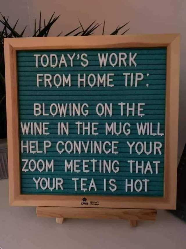TODAYS WORK FROM HOME TIP BLOWING ON THĘ WINE IN THE MUG WILL HELP CONVINCE YOUR ZOOM MEETING THAT YOUR TEA IS HOT CWB M s 