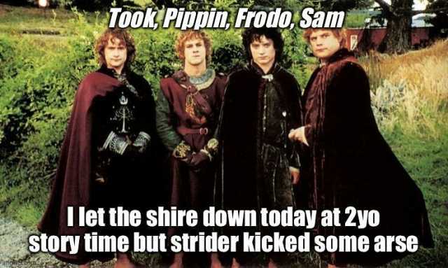 TOok Pippin Frodo Sam I letthe shire down today at 2yo story time but strider kicked some arse