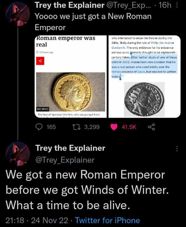 Trey the Explainer @Trey_Exp.. 16h Yoooo we just got a New Roman Emperor Roman emperor was real who attempted to seize the throne during the 240s likely during the rule of Philip the Arab or Gordian l The only evidence 1or his exi