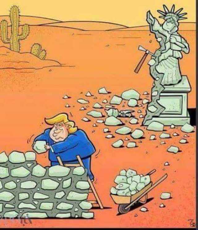 Trump building his wall with the pieces of the Statue of Liberty