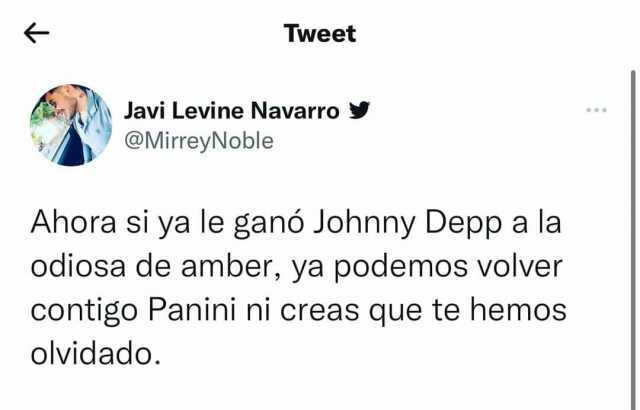 Tweet Javi Levine Navarro @MirreyNoble Ahora si ya le ganó Johnny Depp a la odiosa de amber ya podemos volver contigo Panini ni creas que te hemos olvidado.