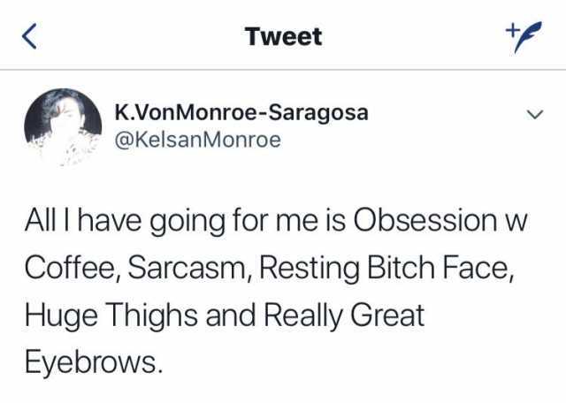 Tweet K.VonMonroe-Saragosa @KelsanMonroe All I have going for me is Obsession w Coffee Sarcasm Resting Bitch Face Huge Thighs and Really Great Eyebrows. 