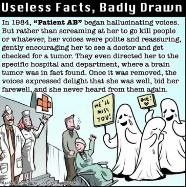 Useless Facts Badly Drawn In 1984 Patient AB began hallucinating voices. But rather than screaming at her to go kill people or whatever her voices were polite and reassuring gently encouraging her to see a doctor and get checked f