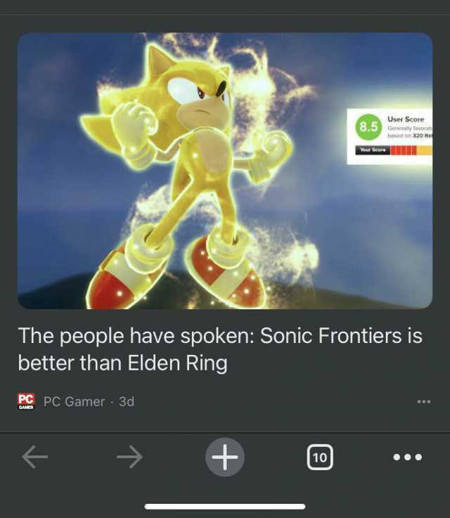 User Score 8.5 eneraly 1vota Dsed on 320 Ra The people have spoken Sonic Frontiers is better than Elden Ring RC PC Gamer 3d GAMER + 10