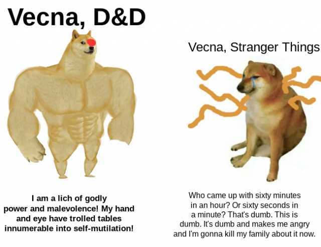 Vecna D&D Vecna Stranger Things Who came up with sixty minutes l am a lich of godly power and malevolence! My hand and eye have trolled tables innumerable into self-mutilation! n an nour or sIxy Seconds in a minute Thaťs dumb. Th