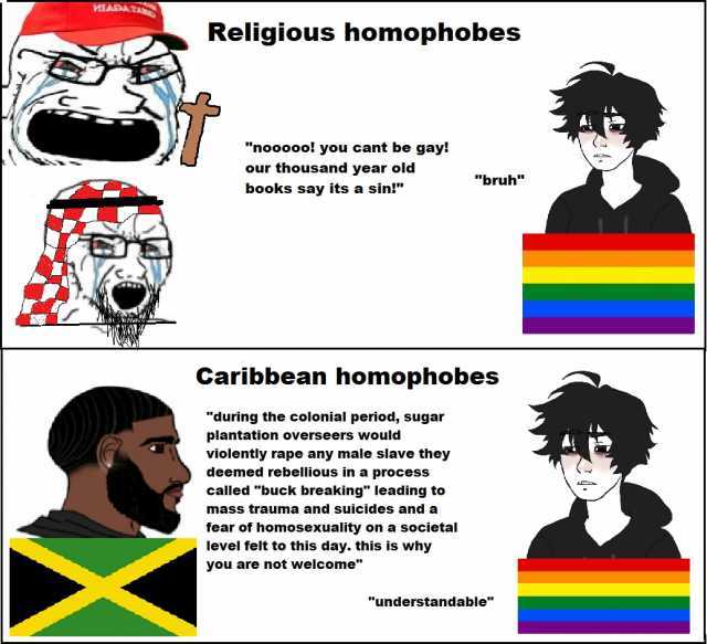 viLABATA Religious homophobes nooooo! you cant be gay our thousand year old bruh books say its a sin! Caribbean homophobes during the colonial period sugar plantation overseers would violently rape any male slave they deemed rebel