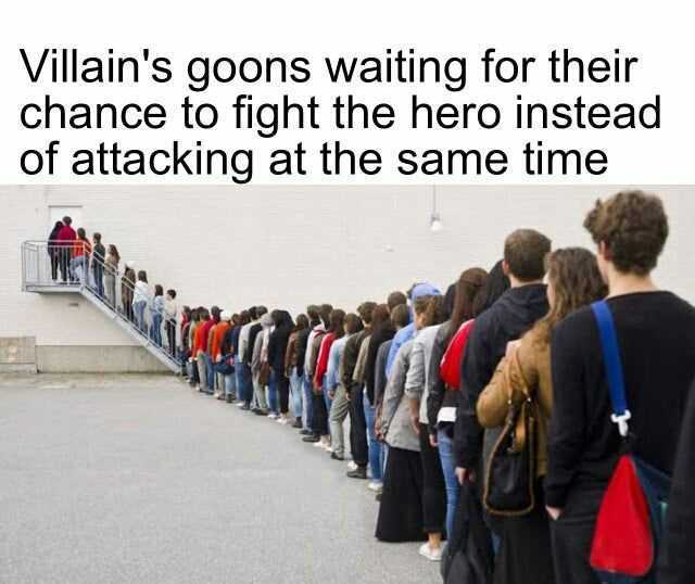 Villains goons waiting for their chance to fight the hero instead of attacking at the same time