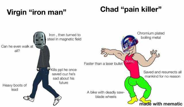 Virgin iron man Chad pain killer Iron then turned to steel in magnetic field Chromium plated boiling metal Can he even walk at all Faster than a laser bullet Kills ppl he once saved cuz hes sad about his Saved and resurrects all m
