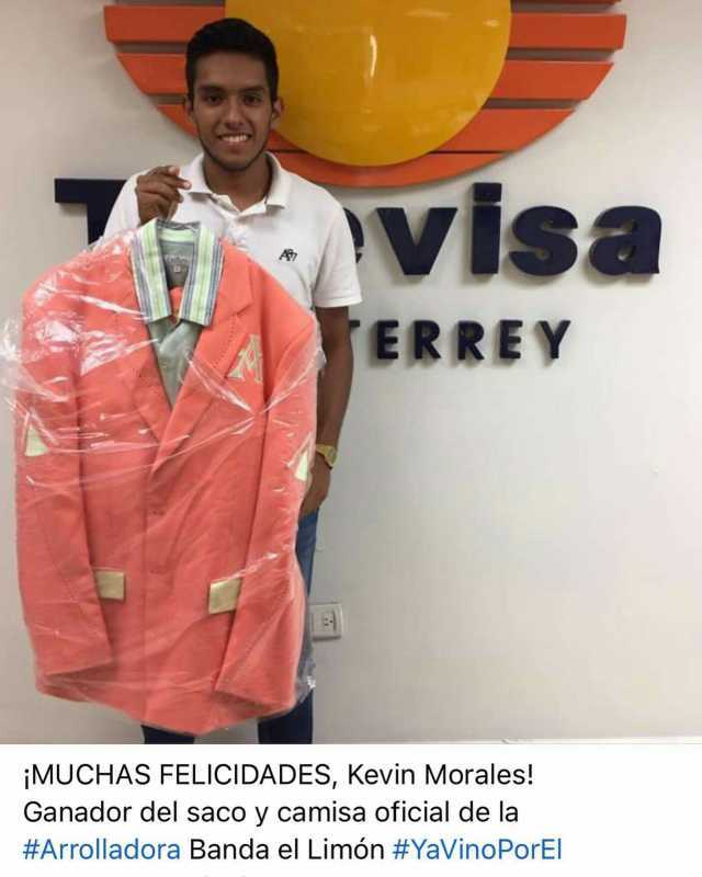 visa ERREY MUCHAS FELICIDADES Kevin Morales! Ganador del saco y camisa oficial de la #Arrolladora Banda el Limón #YaVinoPorEl