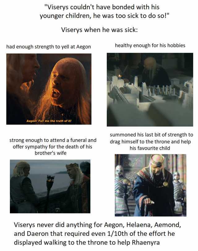 Viserys couldnt have bonded with his younger children he was too sick to do so! Viserys when he was sick had enough strength to yell at Aegon healthy enough for his hobbies Aegon! Tell me the truth of it strong enough to attend a 