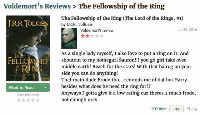 Voldemorts Reviews The Fellowship of the Ring The Fellowship of the Ring (The Lord of the Rings #1) JRRTOLKIEN by J.R.R. Tolkien Voldemorts review Jul 29 2016 As a single lady myself I also love to put a ring on it. And shoutout t