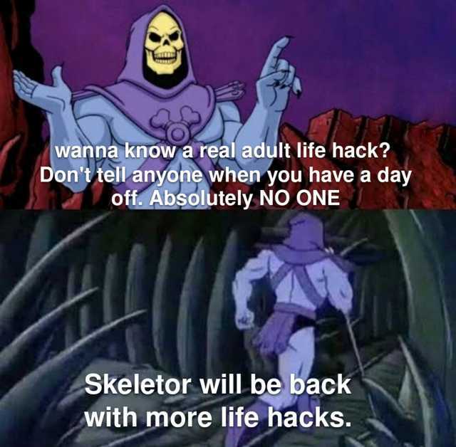 wanna know a real adult life hack Dont tell anyone when you have a day off. Absolutely NO ONE Skeletor will be back with more life hacks.