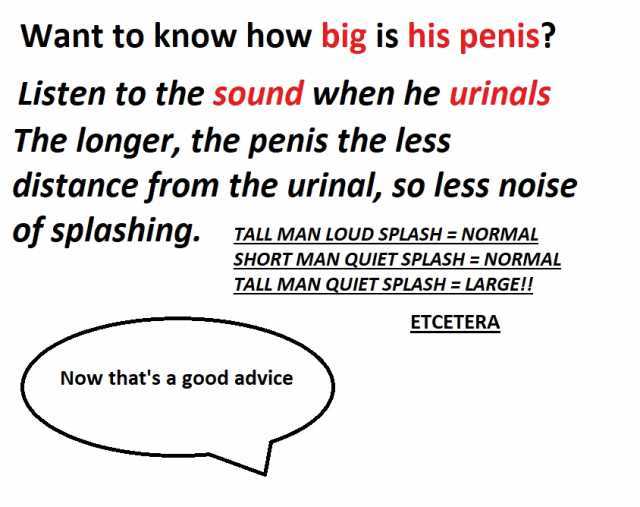Want to know how big is his penis Listen to the sound when he urinals The longer the penis the less distance from the urinal so less noise of splashing. TALL MAN LOUD SPLASH= NORMAL SHORT MAN QUIET SPLASH = NORMAL TALL MAN QUIET S