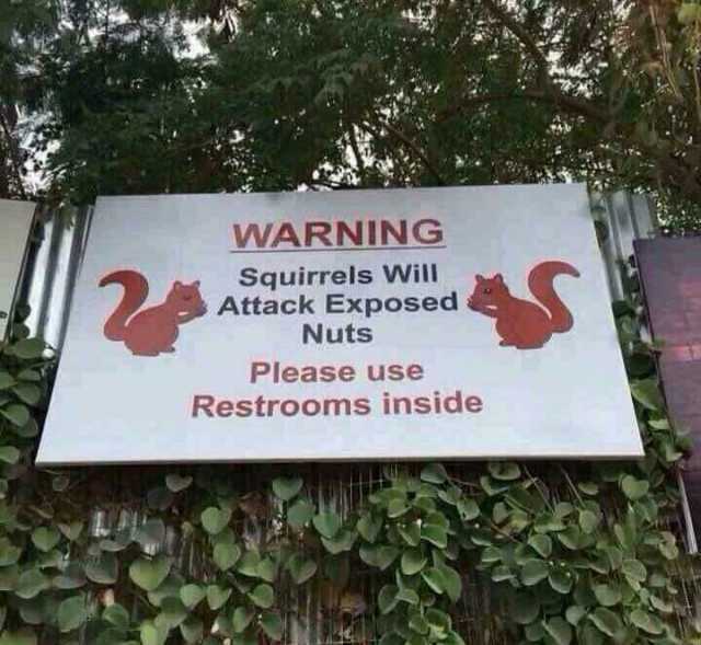 WARNINNG Squirrels Will Attack Exposed Nuts Please use Restrooms inside