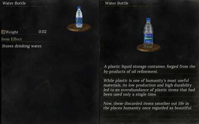 Water Bottle Water Bottle 5AN Weight 0.02 Item Effect D4SANI Stores drinking water A plastic liquid storage container forged from the by-products of oil refinement. While plastic is one of humanitys most useful materials its low p