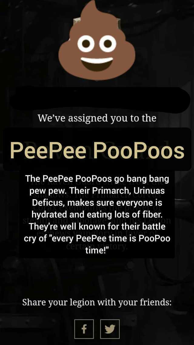 Weve assigned you to the PeePee PooPoos The PeePee PooPoos go bang bang pew pew. Their Primarch Urinuas Deficus makes sure everyone is hydrated and eating lots of fiber. Theyre well known for their battle cry of every PeePee time 