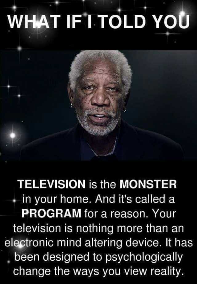 WHAT IFITOLD YOỦ TELEVISION is the MONSTER in your home. And its called a PROGRAM for a reason. Your television is nothing more than an electronic mind altering device. It has been designed to psychologically change the ways you