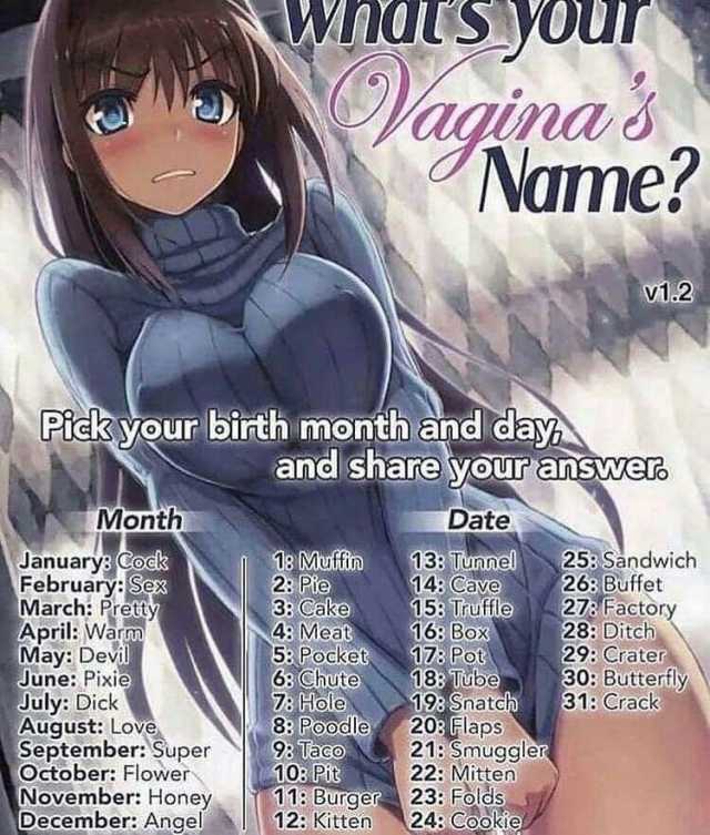 whatsyOur agina 3 Name vi1.2 Pick your birth month and day and share your answer Date Month Januarys Cock February Sex March Pretty April Warm May Devil June Pixie July Dick August Love September Super October Flower November Hone